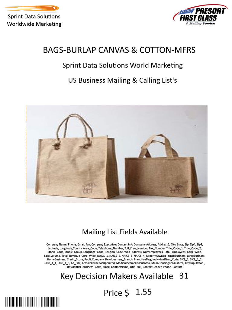 BAGS-BURLAP CANVAS & COTTON-MFRS