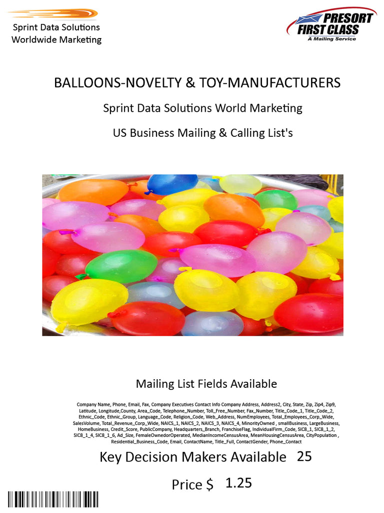 BALLOONS-NOVELTY & TOY-MANUFACTURERS