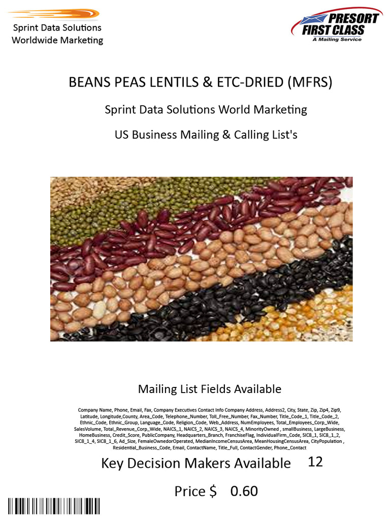 BEANS PEAS LENTILS & ETC-DRIED (MFRS)