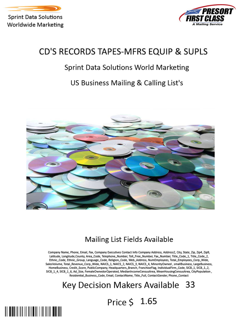 CD'S RECORDS TAPES-MFRS EQUIP & SUPLS