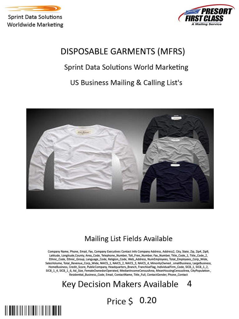 DISPOSABLE GARMENTS (MFRS)