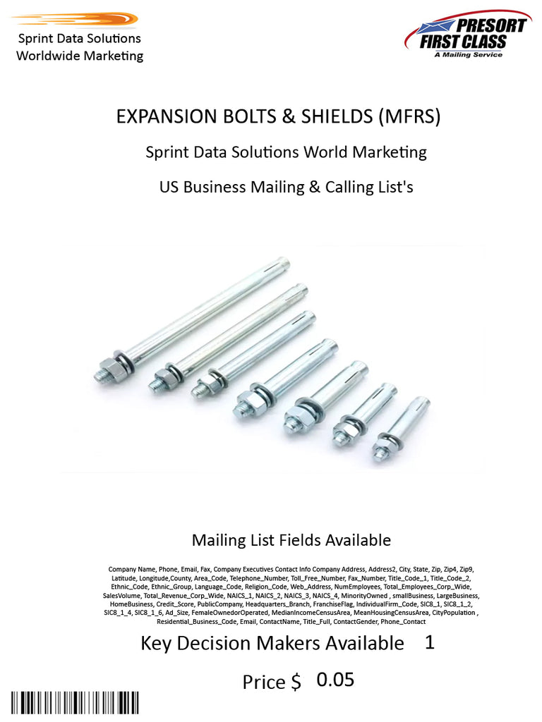 EXPANSION BOLTS & SHIELDS (MFRS)