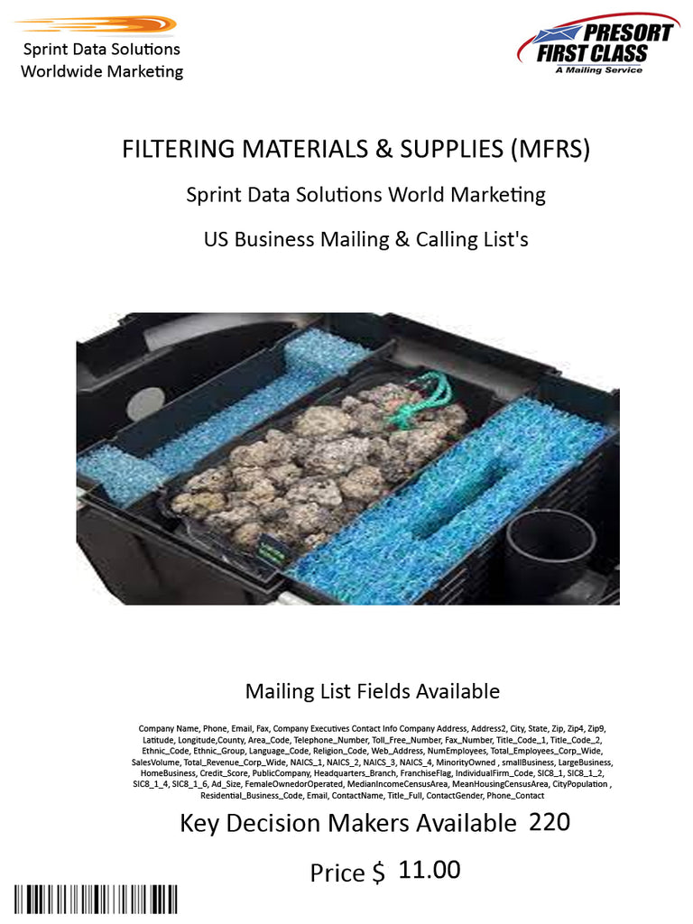 FILTERING MATERIALS & SUPPLIES (MFRS)