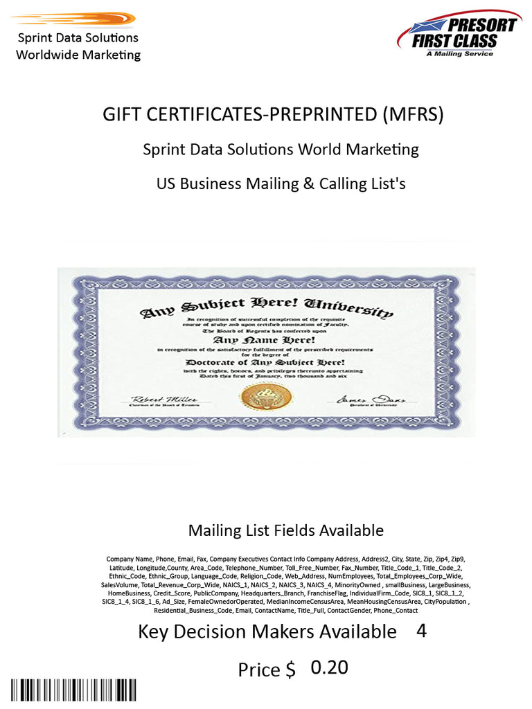 GIFT CERTIFICATES-PREPRINTED (MFRS)