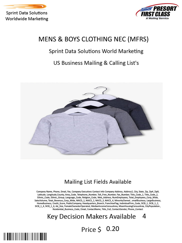 MENS & BOYS CLOTHING NEC (MFRS)