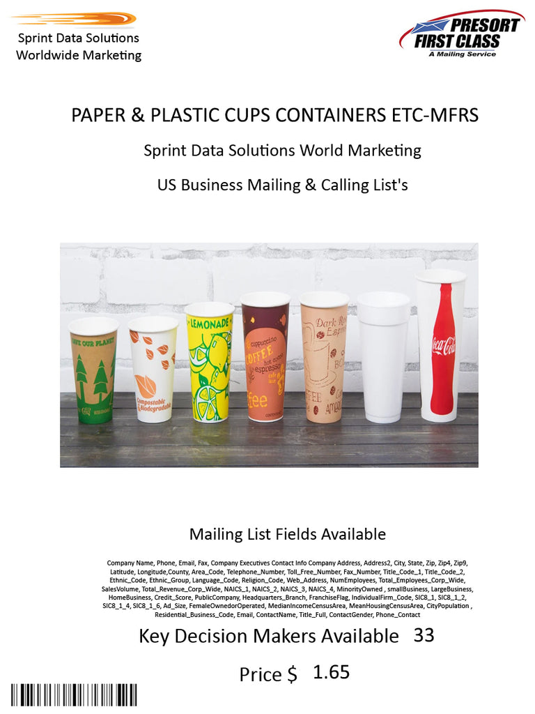 PAPER & PLASTIC CUPS CONTAINERS ETC-MFRS