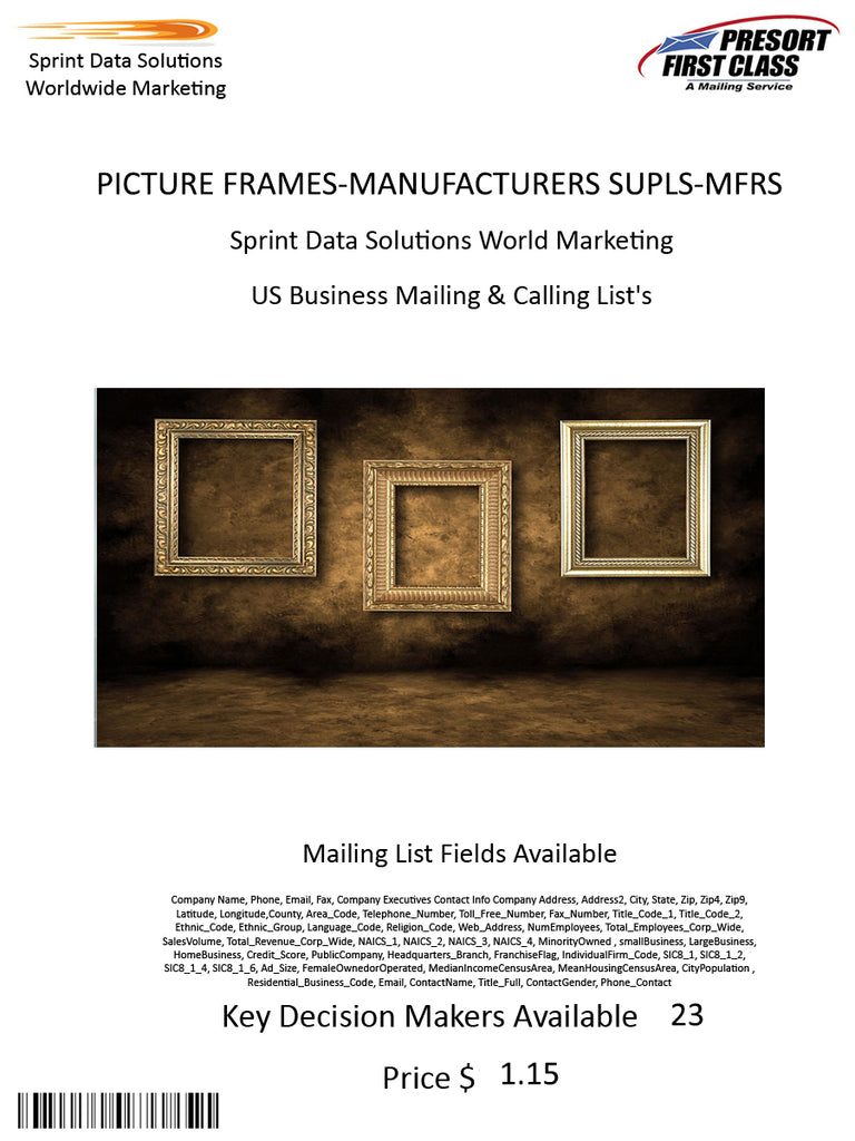 PICTURE FRAMES-MANUFACTURERS SUPLS-MFRS