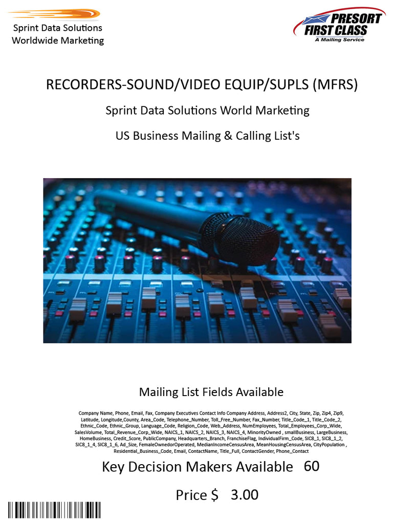 RECORDERS-SOUND/VIDEO EQUIP/SUPLS (MFRS)