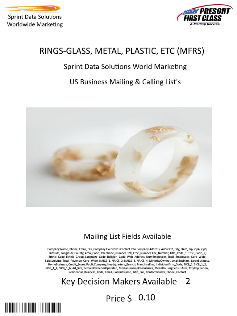 RINGS-GLASS, METAL, PLASTIC, ETC (MFRS)