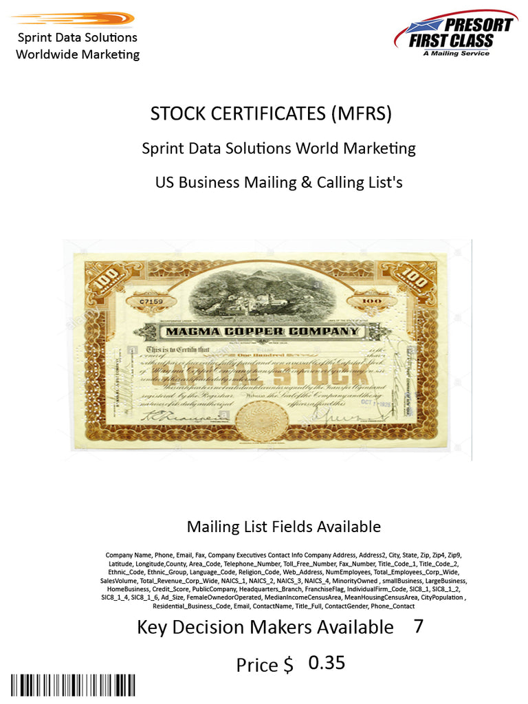 STOCK CERTIFICATES (MFRS)