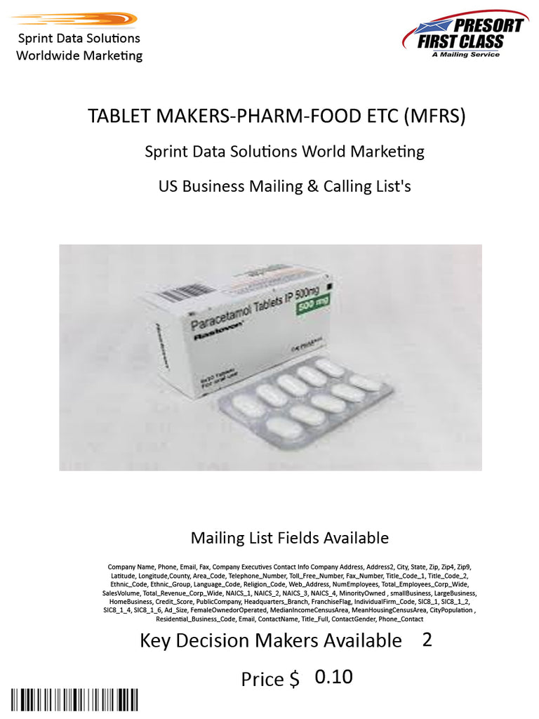 TABLET MAKERS-PHARM-FOOD ETC (MFRS)