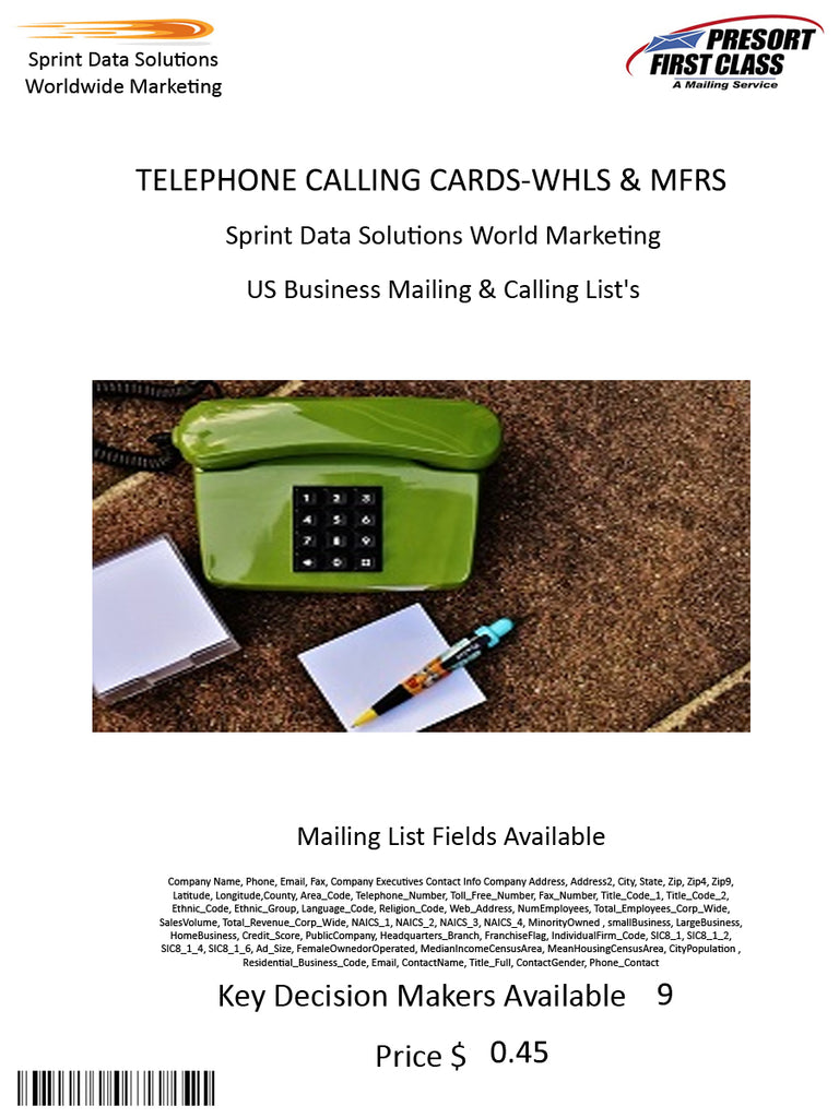 TELEPHONE CALLING CARDS-WHLS & MFRS