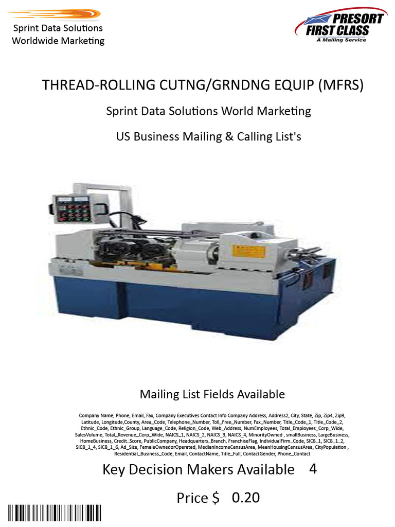 THREAD-ROLLING CUTNG/GRNDNG EQUIP (MFRS)